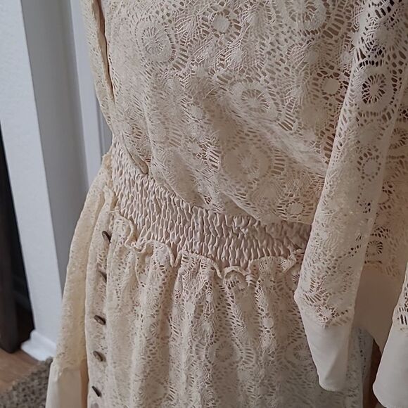 Boho Romantic Lace Overlay Angel Sleeve Mini Dress Pink sz S - Picture 6 of 11
